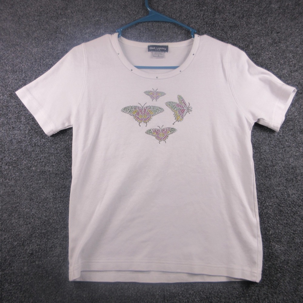 Get Lucky Shirt Womens‎ Small White Rhinestone Studded Butterfly Graphic Tee